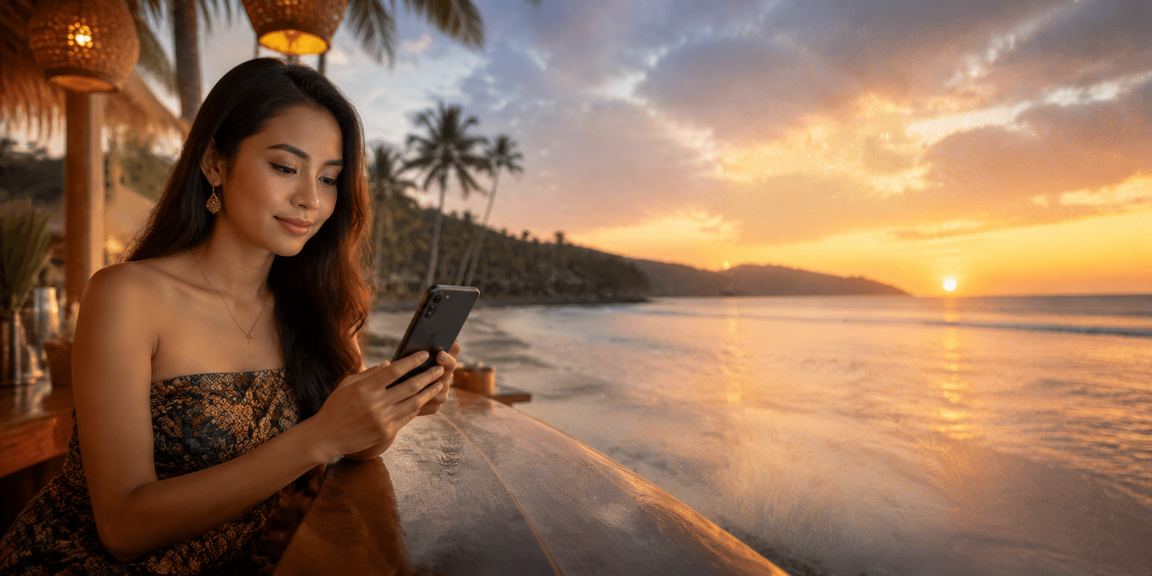Seseorang bermain kasino mobile di tepi pantai dengan suasana cerah dan santai